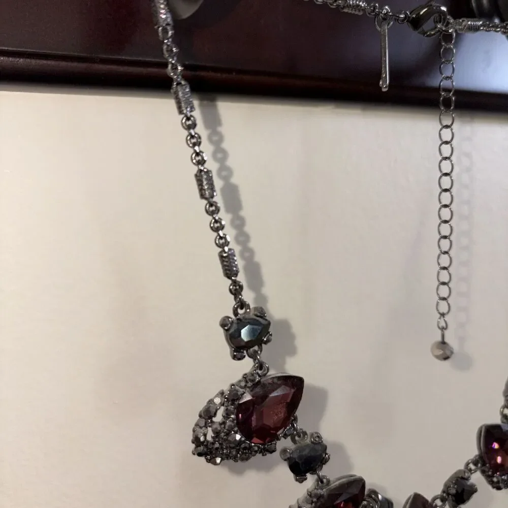 White House Black Market Dark Pink & Black SilverTone Statement Bold Necklace